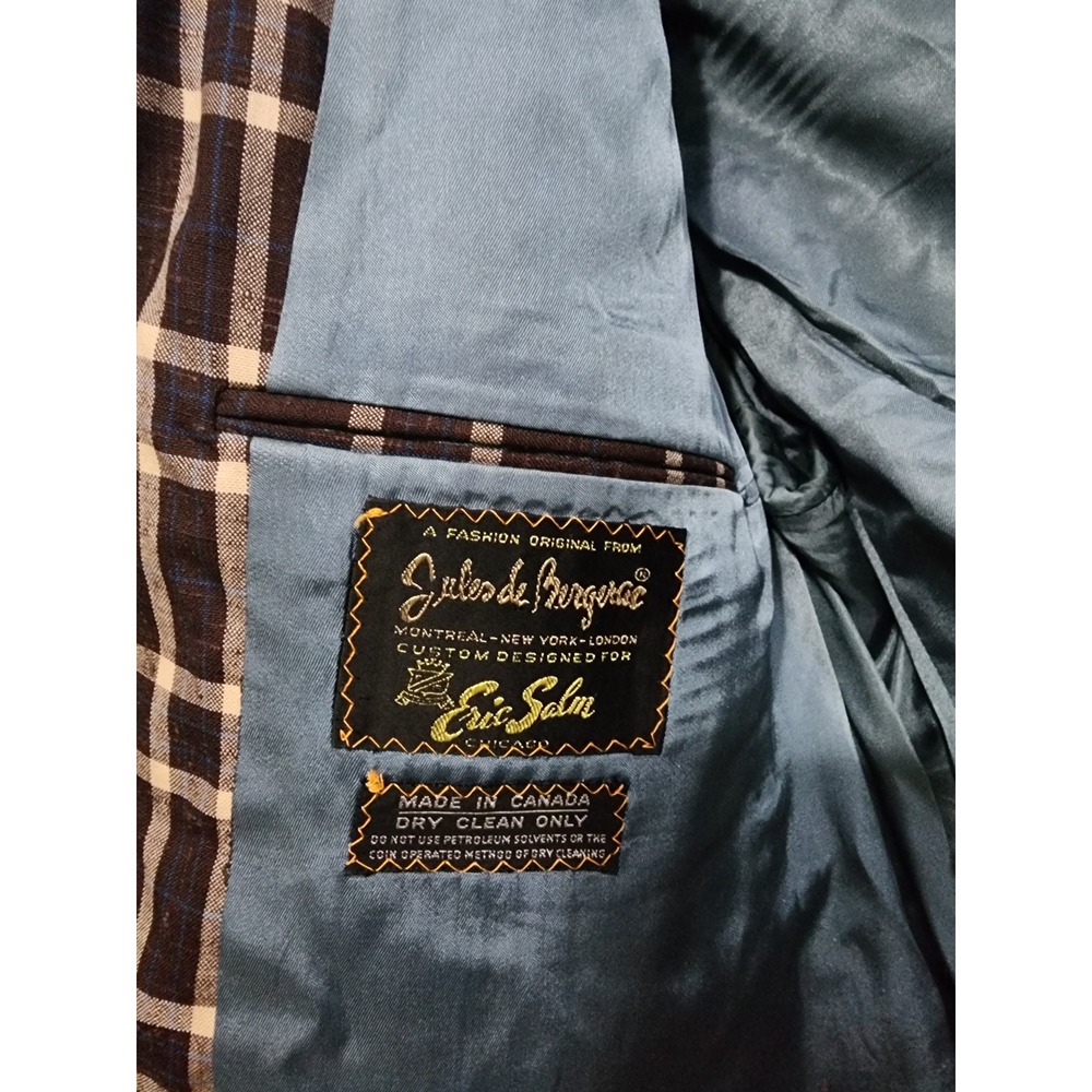 Vintage Jules de Berguae Plaid Blazer Eric Salm Chicago Brown Tan 44W38 Mens 43R - Picture 3 of 7